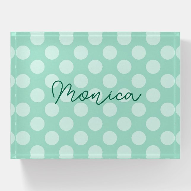 Personalized Light Teal Polka Dot Paperweight (Front)