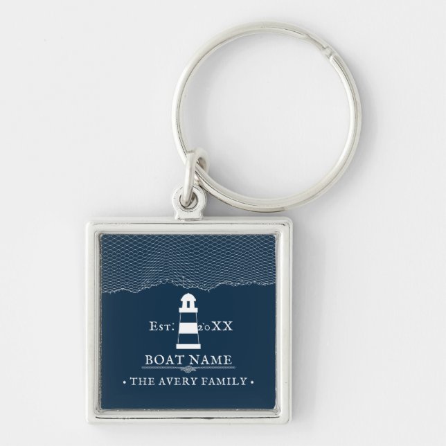 Personalized lighthouse Boat Name Blue Keychain (Front)