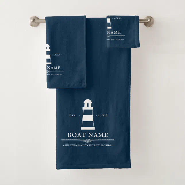 Personalized lighthouse Boat Name Blue Nautical Bath Towel Set Zazzle