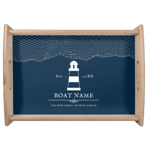 Personalized lighthouse Boat Name Navy Blue Serving Tray