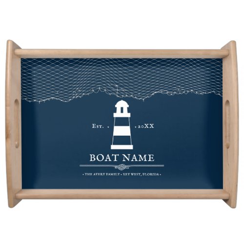 Personalized lighthouse Boat Name Navy Blue Serving Tray