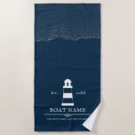 Personalized lighthouse Boat Nautical Blue Beach Towel<br><div class="desc">Nautical Personalized lighthouse Boat Name design. Matching products can be found in Nautical Boat lighthouse collection. If you have any questions feel free to contact me.</div>