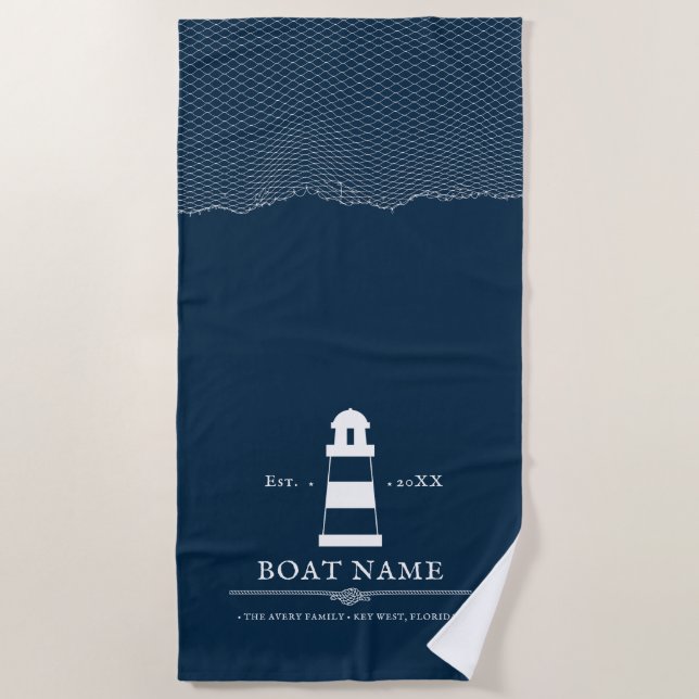 Personalized lighthouse Boat Nautical Blue Beach Towel (Front)