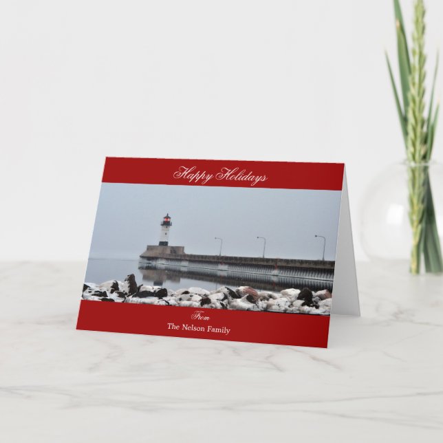 Personalized Lighthouse Happy Holidays Greeting Holiday Card (Front)
