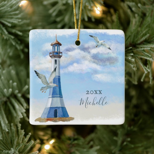 Personalized Lighthouse Nautical Beach Christmas Ceramic Ornament (Tree)