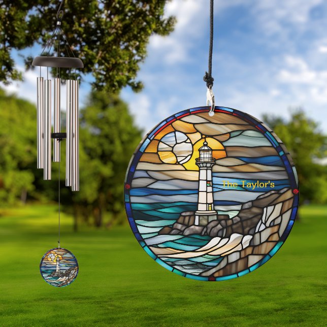 Personalized "Lighthouse" Stained Glass Look Wind  Wind Chime (Outdoor)