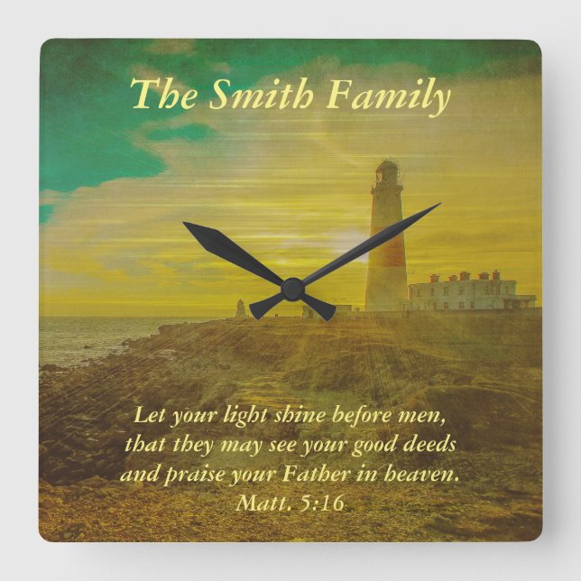 Personalized Lighthouse Sunset Bible Verse Clock (Front)