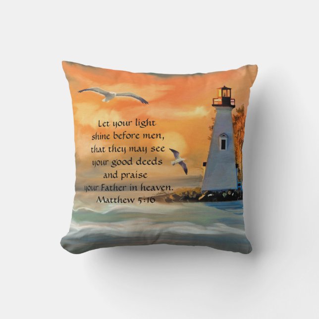 Personalized Lighthouse Sunset Bible Verse Pillow (Front)