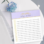 Personalized Lilac and Gold To Do List Checklist Notepad<br><div class="desc">Simple and elegant to do list, in trendy lilac and gold. The template is set up for you to personalize the checklist with your name and you can also customize the title, which currently reads "today's to do list" if you wish. The design includes ruled lines and checkboxes to keep...</div>