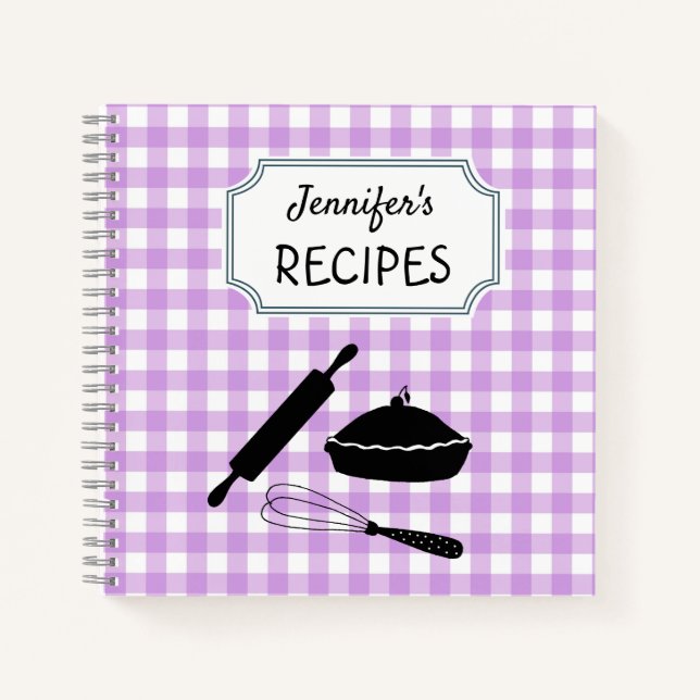 Personalized Lilac Gingham Plaid Pattern Recipe   Notebook (Front)