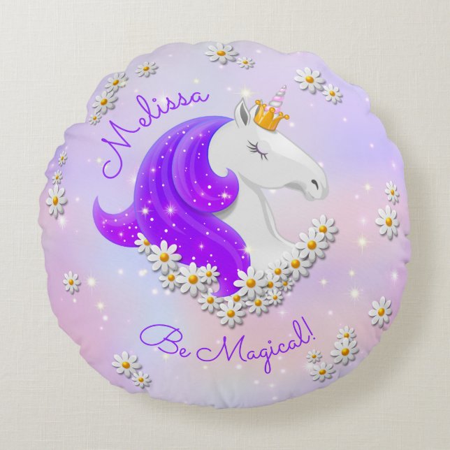 Personalized Lilac Magical Unicorn Princess Round Pillow (Front)