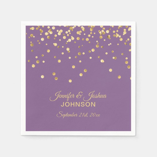 Personalized Lilac Purple Gold Confetti Wedding Napkins (Front)