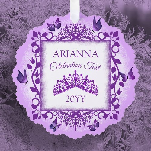 Personalized Lilac Purple Tiara &amp; Butterflies Ornament Card