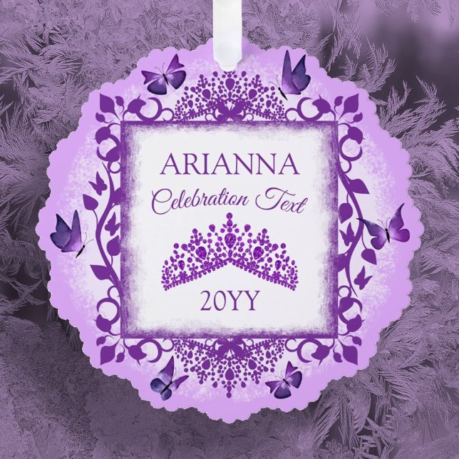 Personalized Lilac Purple Tiara & Butterflies Ornament Card (purple lilac tiara and butterflies christmas tree ornament, custom message, personalized ornament)