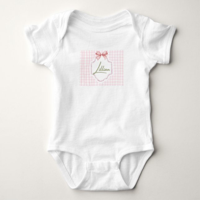 Personalized Lillian Baby Girl Nursery Bow&Gingham Baby Bodysuit (Front)