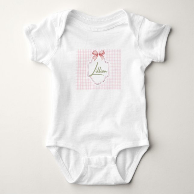Personalized Lillian Baby Girl Nursery Bow&Gingham Bodysuit (Front)