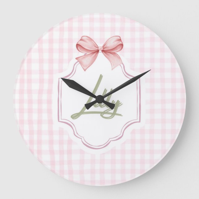 Personalized Lilly Baby Girl Nursery Bow&Gingham  Large Clock (Front)