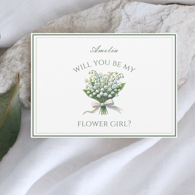 Personalized Lily of the Valley Bow Flower Girl Card (Personalized flower girl card with a lily of the valley design, perfect for chic garden wedding.)