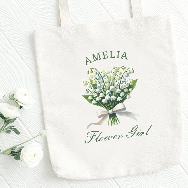 Personalized Lily of the Valley Bow Flower Girl Tote Bag (Personalize this elegant flower girl tote with lily of the valley blooms—perfect for your big day!)