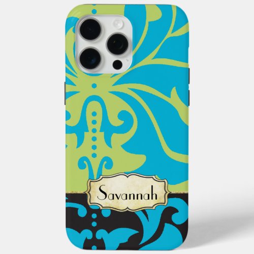 Personalized Lime Aqua Gold Damask iPhone 15 Pro Max Case