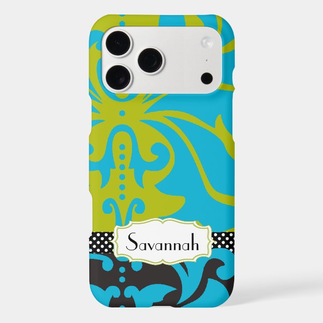 Personalized Lime Aqua Gold Damask iPhone 4 Case (Back)