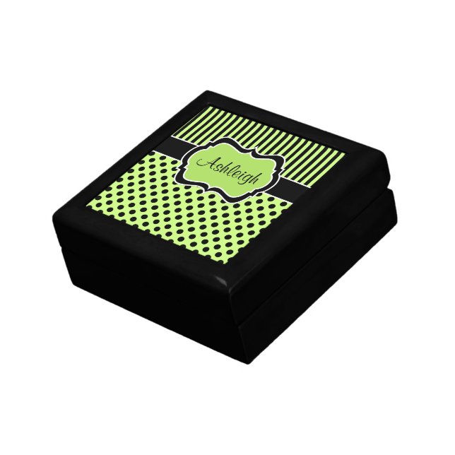Personalized lime, Black, Polka Dots Trinket Box (Side)