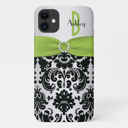 Personalized Lime Black Silver Damask iPhone 11 Case