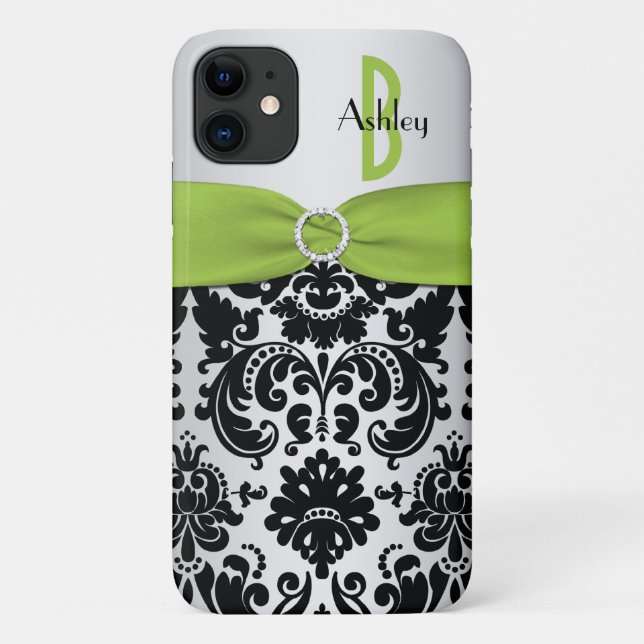 Personalized Lime, Black, Silver Damask Case-Mate iPhone Case (Back)