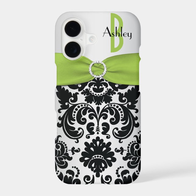 Personalized Lime, Black, Silver Damask Iphone Case (Back)