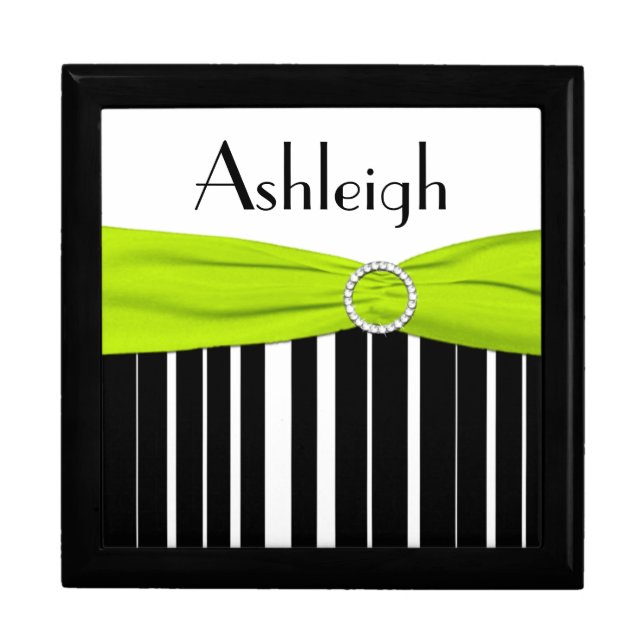 Personalized Lime, Black, White Stripe Trinket Box (Front)
