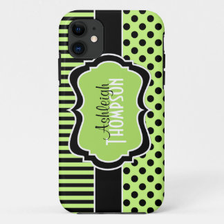 Personalized Lime, Black, White Striped Polka Dots iPhone 11 Case