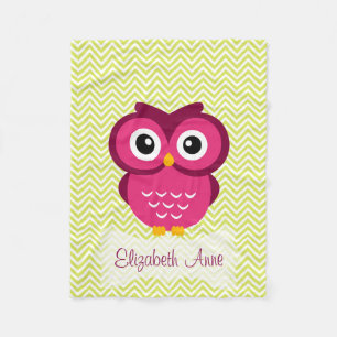 Personalized Lime Chevron Pink Owl Fleece Blanket