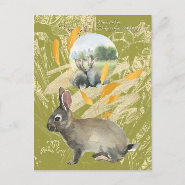  Personalized Lime Collage Watercolor Rabbit Postcard (Front)
