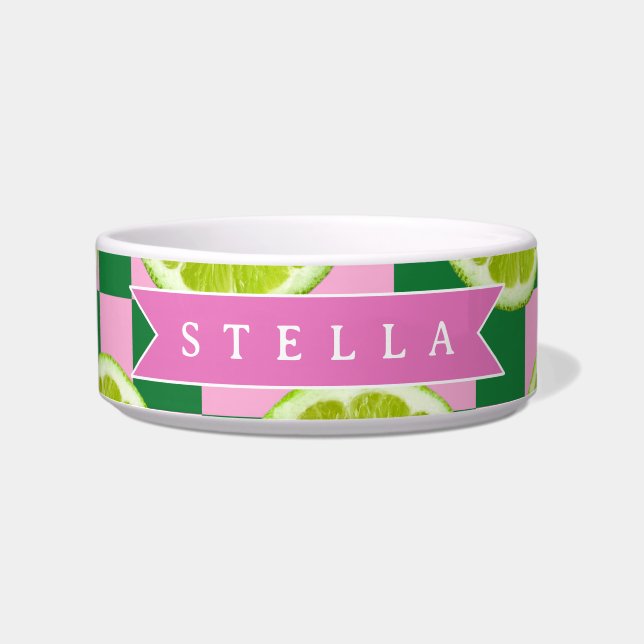 Personalized Lime Gingham Citrus Custom Name Bowl (Front)