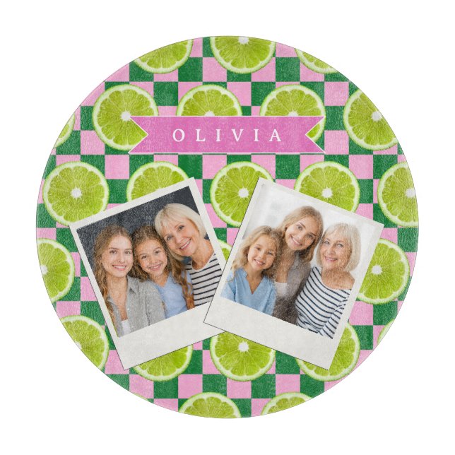 Personalized Lime Gingham Citrus Custom Name Cutting Board (Front)