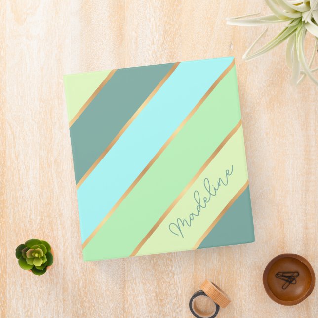 Personalized Lime Green Aqua Teal Blue Gold Strip 3 Ring Binder (In Situ)