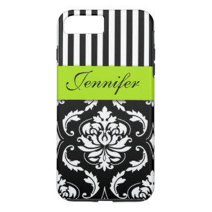 PERSONALIZED LIME GREEN, BLACK DAMASK STRIPED iPhone 8 PLUS/7 PLUS CASE