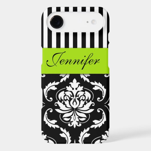 PERSONALIZED LIME GREEN, BLACK DAMASK STRIPED Case-Mate iPhone CASE (Back)