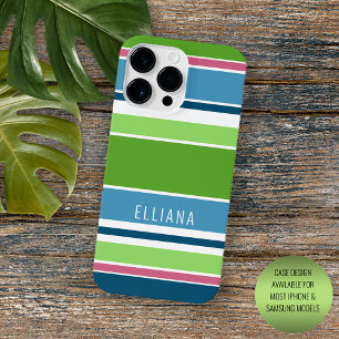 Personalized Lime Green Dark Blue Pink Stripe Art Case-Mate iPhone 14 Pro Max Case
