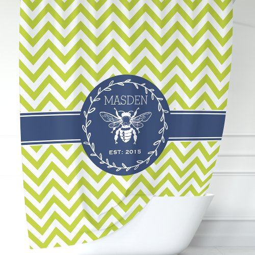 Personalized Lime Green Navy Honey Bee Chevron Shower Curtain