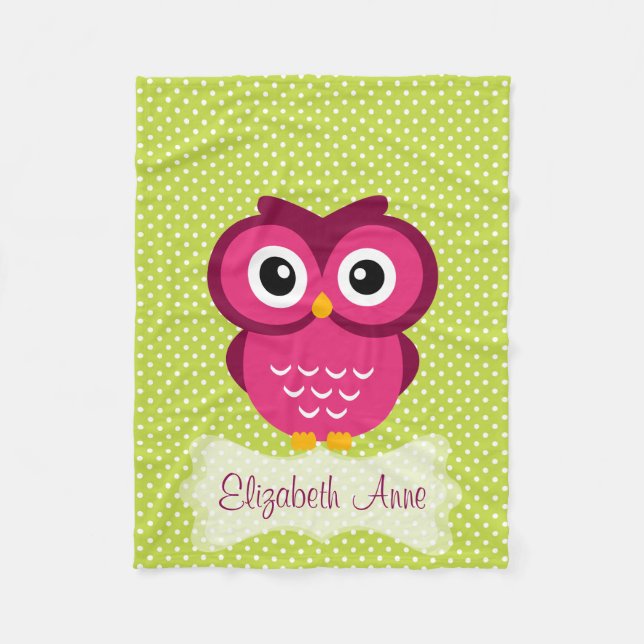 Personalized Lime Polka Dot Pink Owl Fleece Blanket (Front)