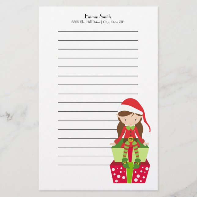 Personalized Lined Christmas Elf and Presents Stationery (Front)