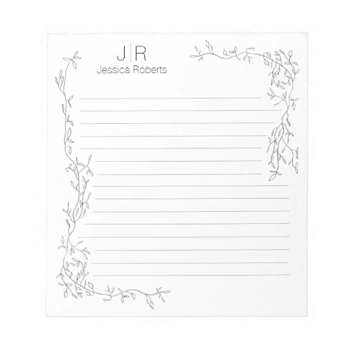 Personalized Lined Whimsical  Vines Monogram Name Notepad