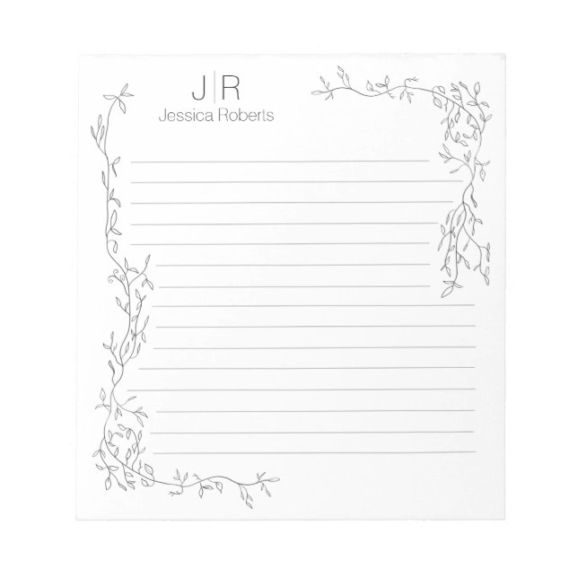 Personalized Lined Whimsical  Vines Monogram Name Notepad (Front)