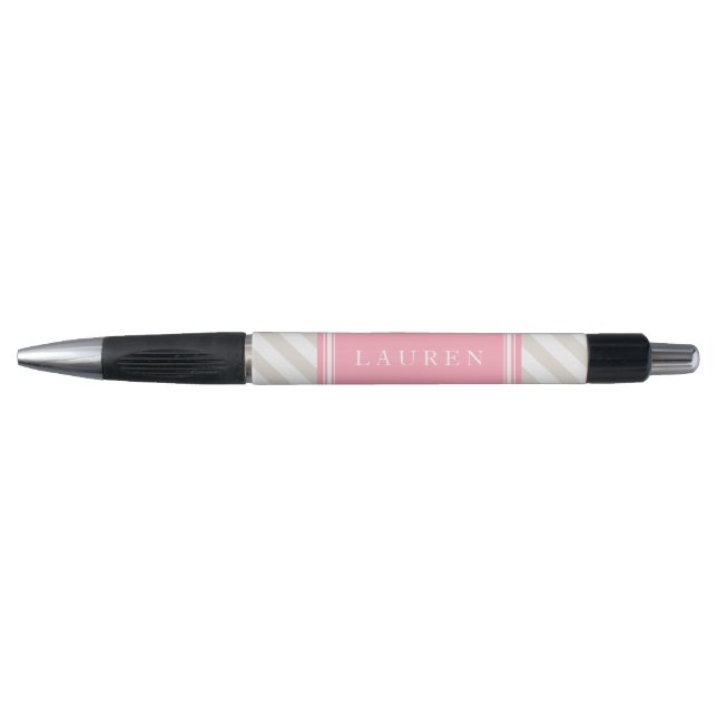 Personalized Linen Beige and Pink Stripes Pattern Pen (Front)