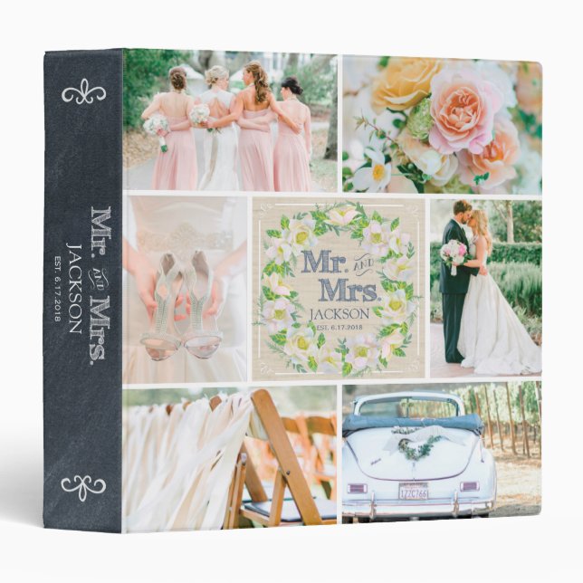 PERSONALIZED LINEN FLORAL 2 WEDDING PHOTO COLLAGE 3 RING BINDER (Front/Spine)