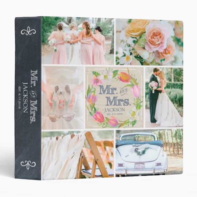 PERSONALIZED LINEN FLORAL 3 WEDDING PHOTO COLLAGE BINDER (Front/Spine)