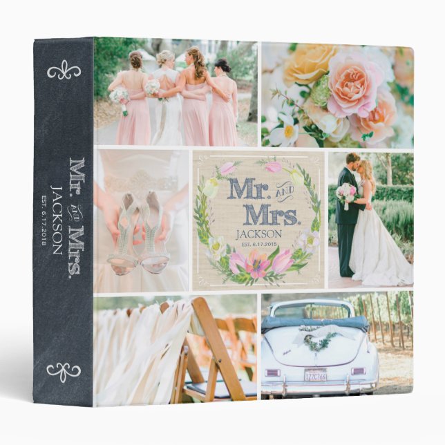 PERSONALIZED LINEN FLORAL I WEDDING PHOTO COLLAGE 3 RING BINDER (Front/Spine)