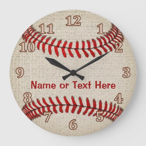 Personalized Linen look Baseball Clocks YOUR TEXT