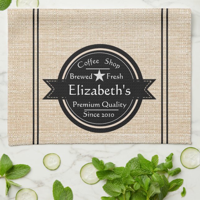 Personalized linen look coffee shop logo   kitchen towel (Folded)